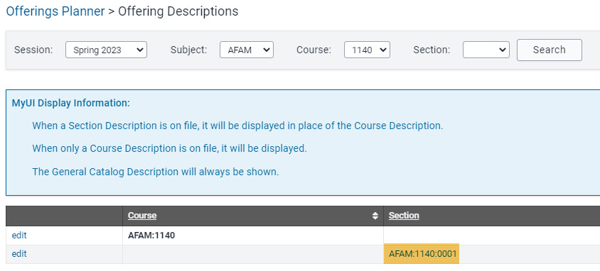 Return to course section link on course description panel. 