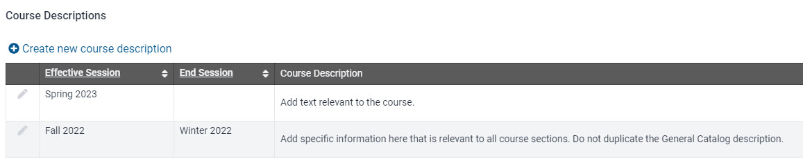 New course description added and prior description with end session is retained. 