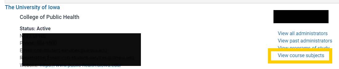 Top of College of Public Health academic unit page with box around link to View Course Subjects