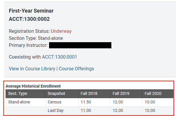 Average historical enrollment table at the top of a course section summary page. 