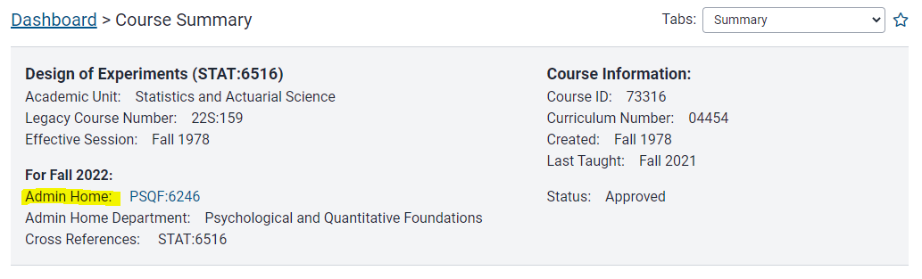 Course summary section of Course Library dashboard info for STAT:6516