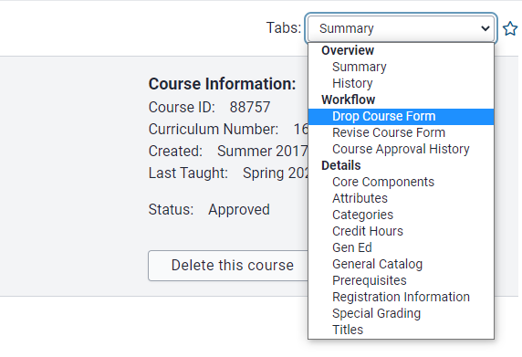 MAUI Course Library Tabs dropdown menu with Drop Course Form selected