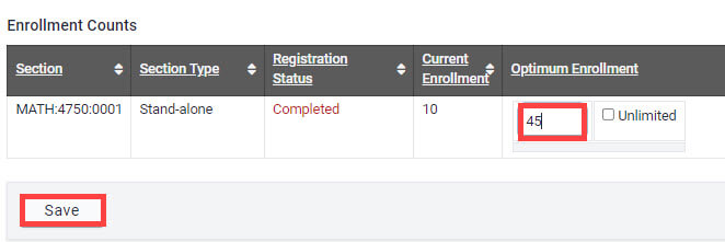 Text field where optimum enrollment can be changed.