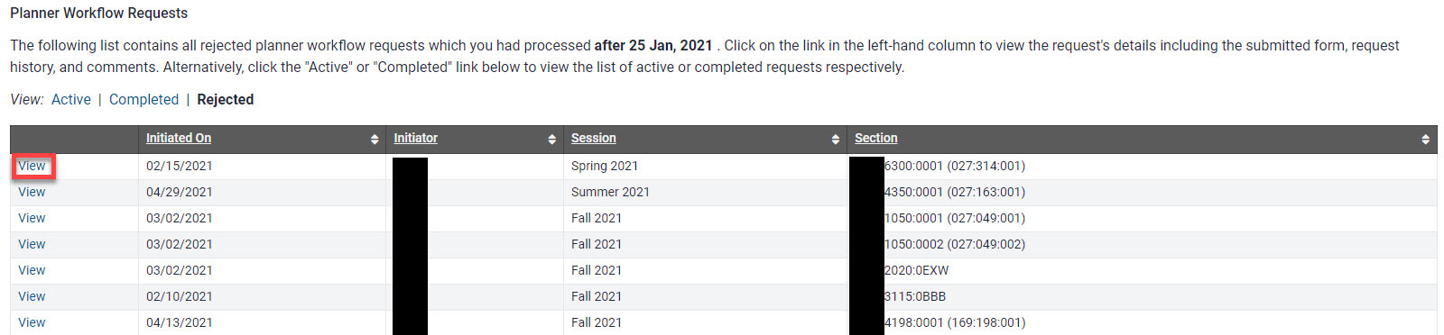 Link to view Rejected Workflow forms.