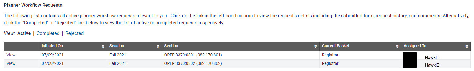 Active view on Planner Workflow panel.