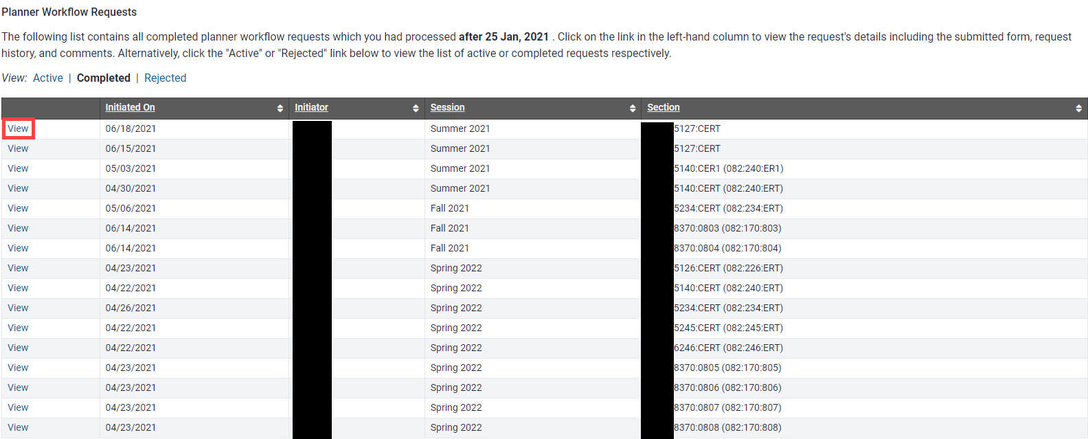 Link to view Completed Planner workflow forms.