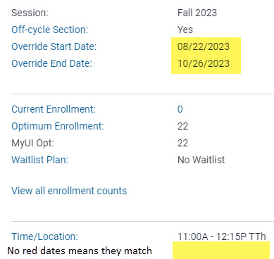 Time and Location dates match for off-cycle section.