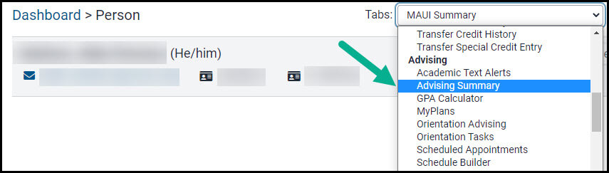 Advising Summary drop down. 