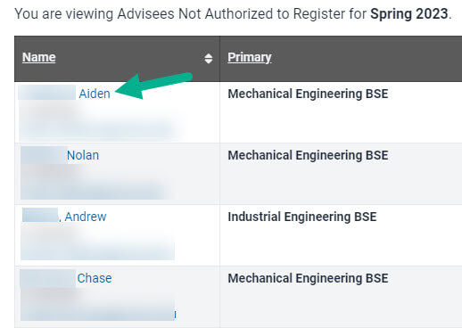 List of advisees with hyperlink on University ID.