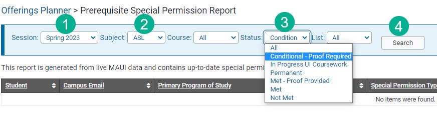 Prereq special permission report parameters. 
