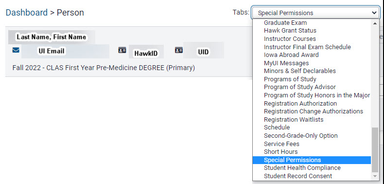 special permission drop down in the tabs area to access the student's special permission panel.