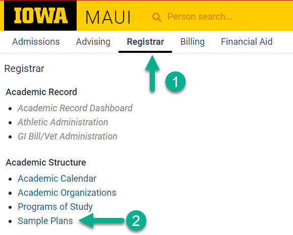 MAUI screen with arrows pointing to Registrar tab and Sample Plans link