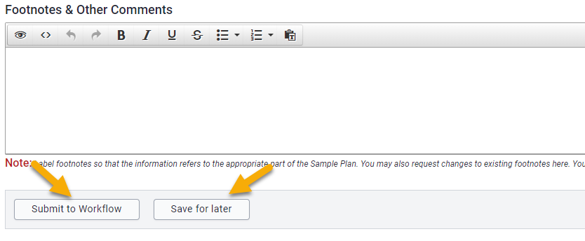 Bottom of sample plan update form with arrows pointing to Save for later and Submit to workflow buttons