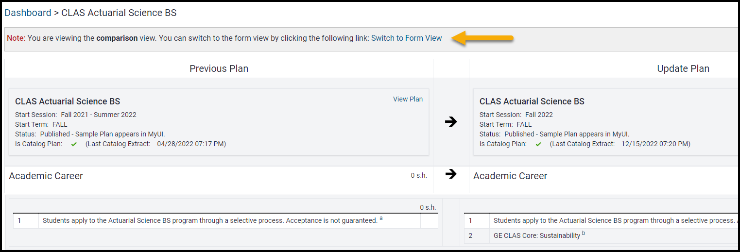 Top of sample plan workflow form with arrow pointing to "Switch to Form View" link