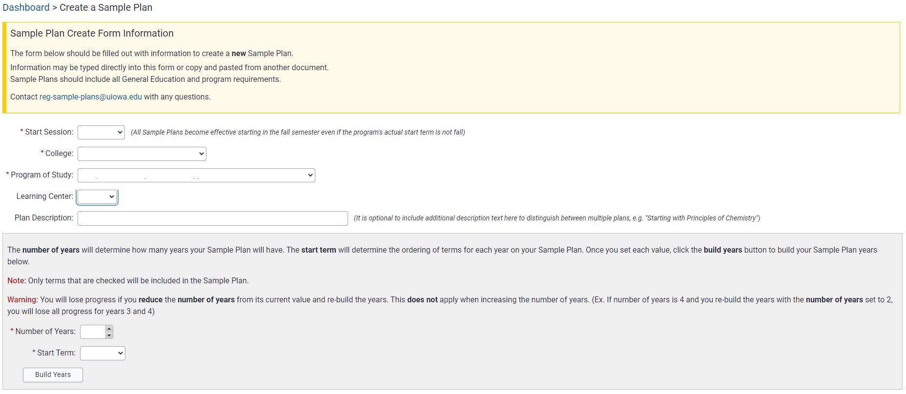 Create a Sample Plan setup fields