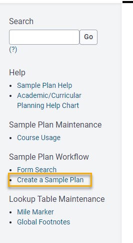 Sample Plan dashboard sidebar with box around Create a Sample Plan link