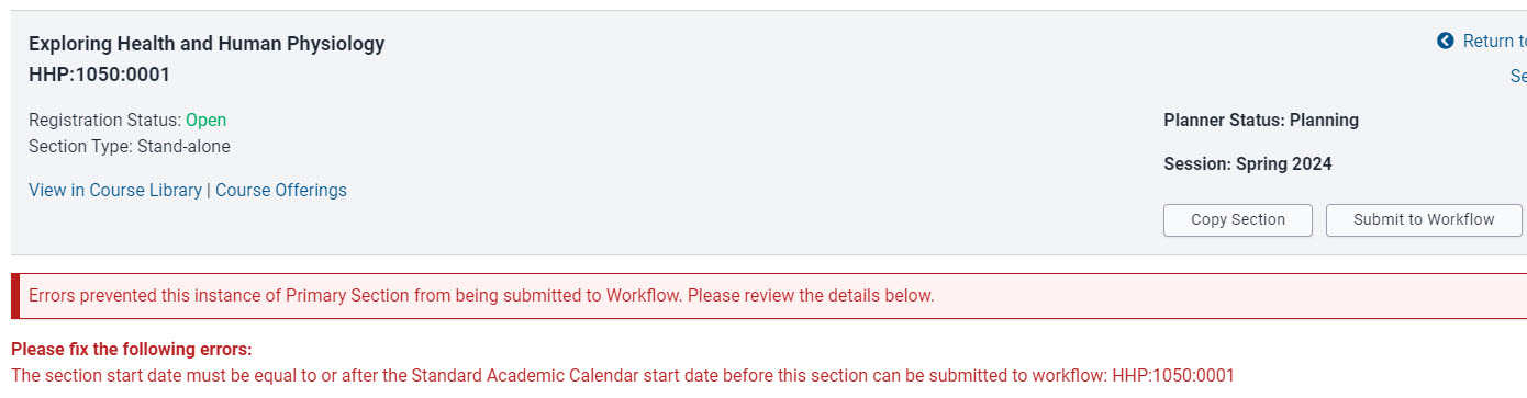 Department attempted to submit to workflow with invalid start date and an error message displays with section prevented from being submitted to workflow.