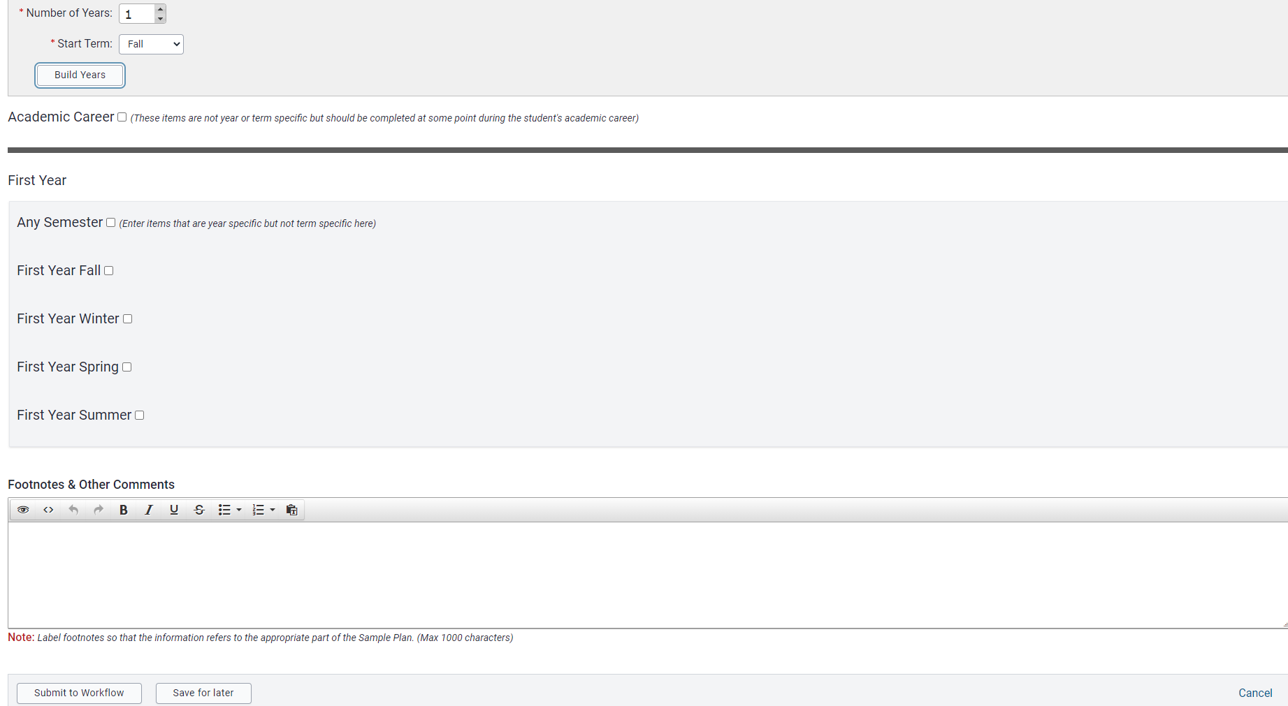 Blank content fields on a one-year sample plan Create form