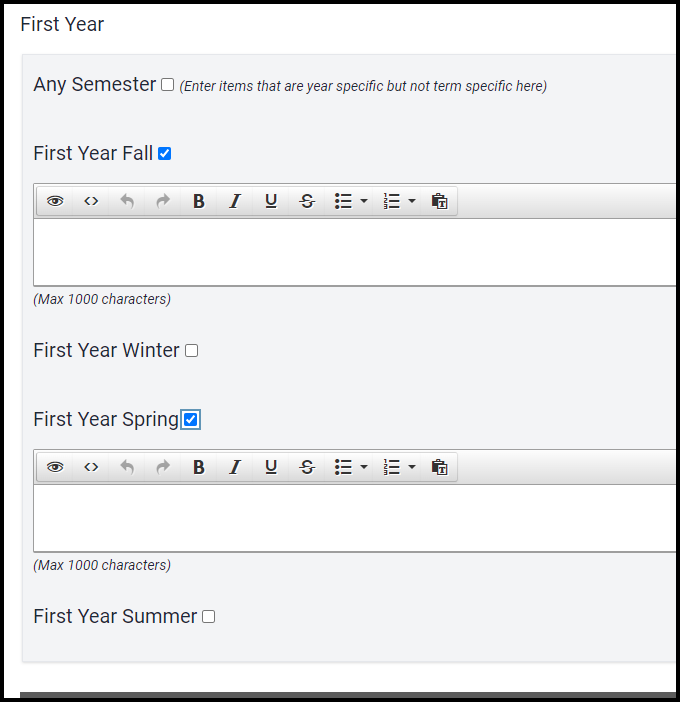 First year section of a sample plan form with fall and spring content fields selected so that text boxes appear