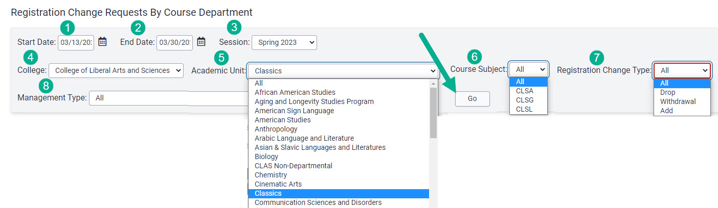 Session, Reg Change Type, College, and Program fields to select report parameters