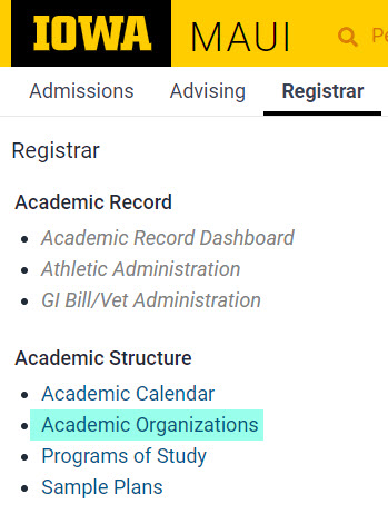 Academic Org link on Registrar tab.