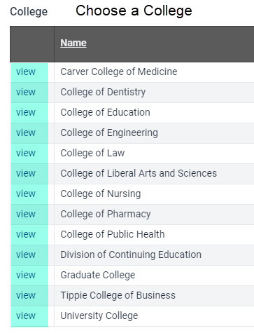 Choose a college from the list on the academic org panel.