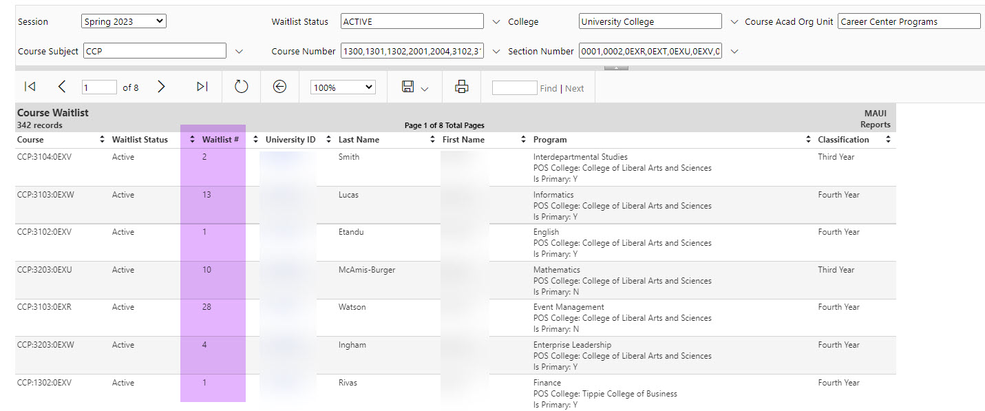 Waitlist report shows course number, position on waitlist and other data about each student. 