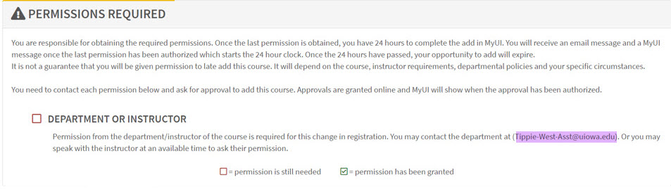 Registration email listed in MyUI when student initiates add or drop. 