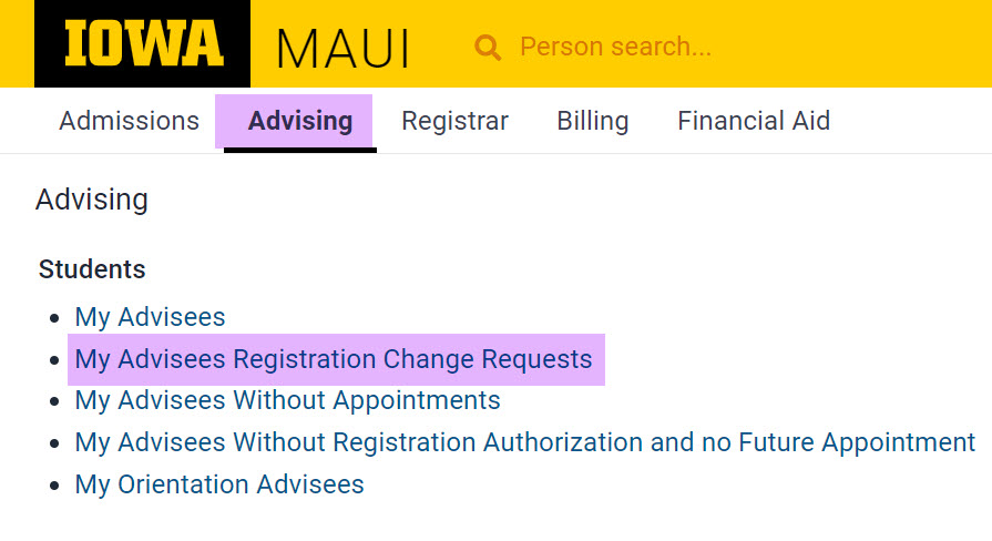 My Advisees Registration Changes report link on Advising tab in MAUI.