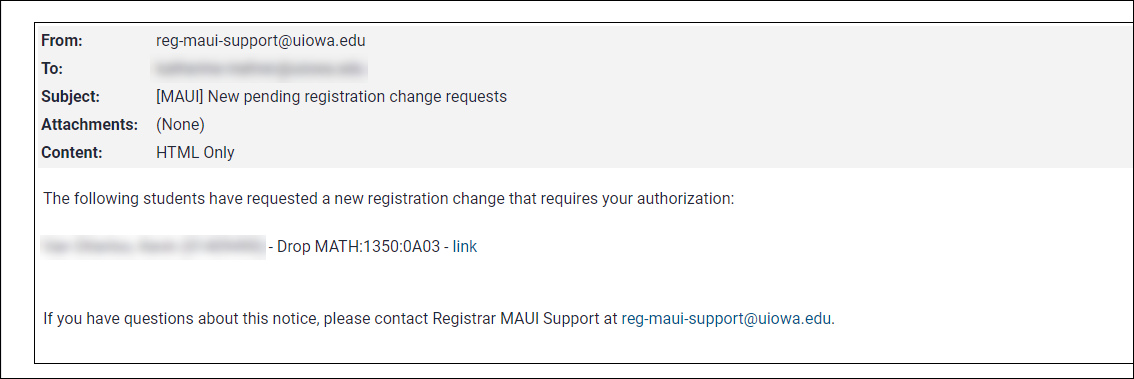 Registration Change notification email example for department and advisors. 