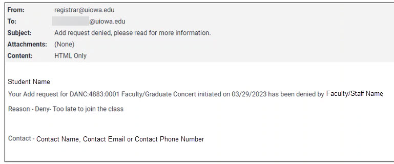 Example of notification email sent to student when reg change is denied.