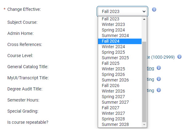 Change Effective field dropdown list open with Fall 2024 selected