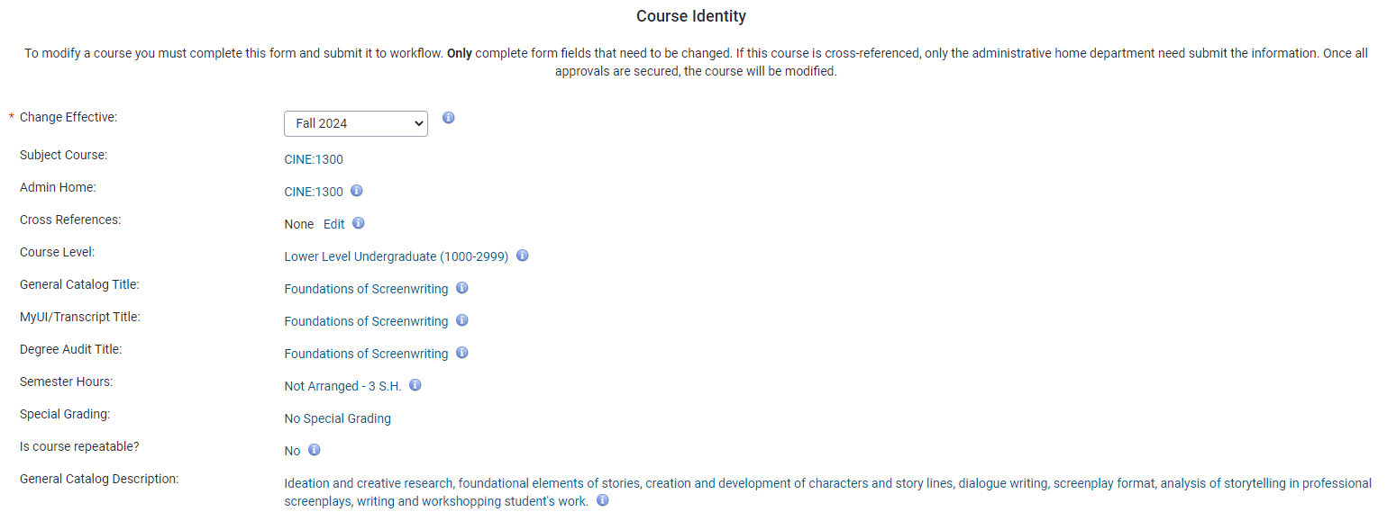 Course Identity section of Revise Course Form