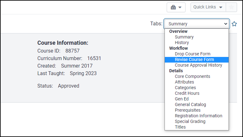 Dropdown menu of course dashboard Tabs list showing "Revise Course Form" selected