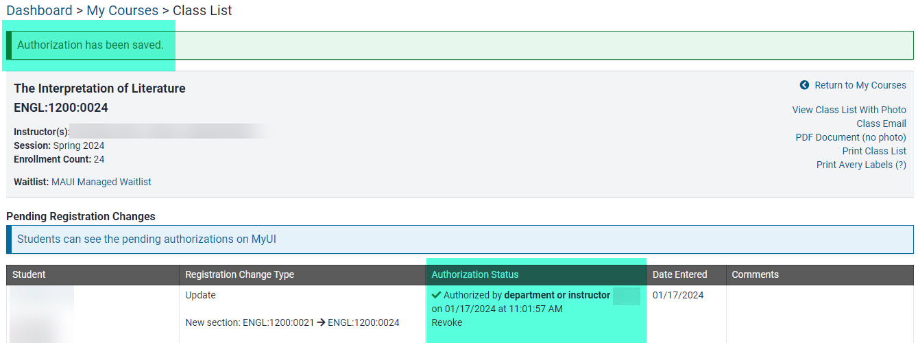 Green banner confirms update_Auth Status updates with timestamp and HawkID of approver
