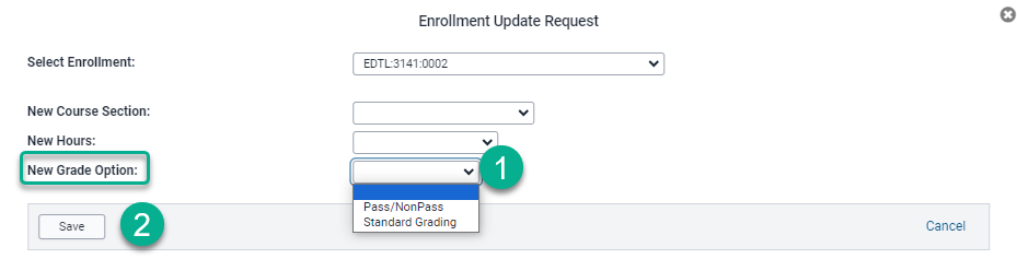 Enrollment Update Request screen within MAUI with oblong shape around New Grade Option and step 1 next to the drop-down and step 2 next to the save button