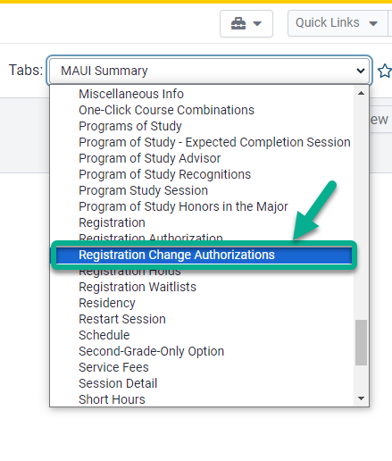 Image of Tabs menu on the student record highlighting Registration Change Authorizations