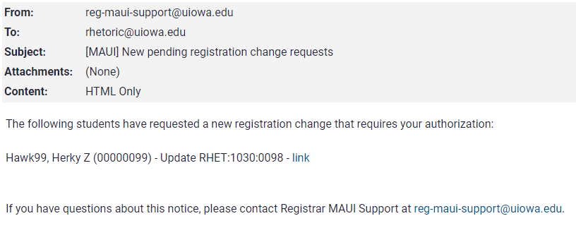 Example of registration change email received by departments.
