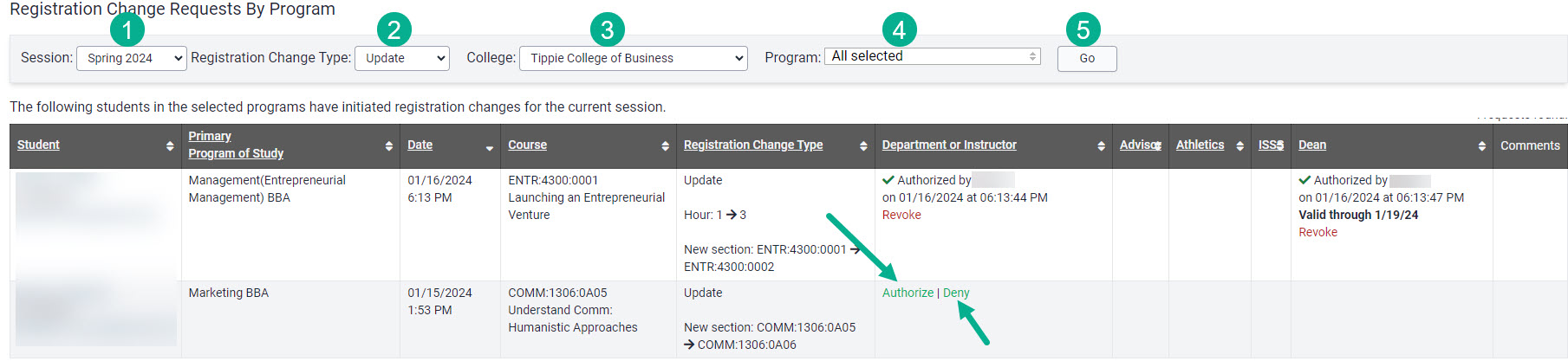 Registration Change Requests by Program report showing parameters to select to view data. 