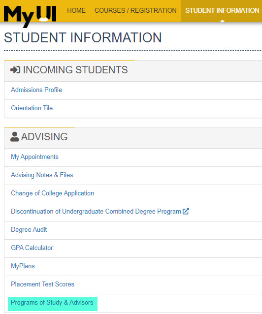 Programs of Study and Advisors link in MyUI