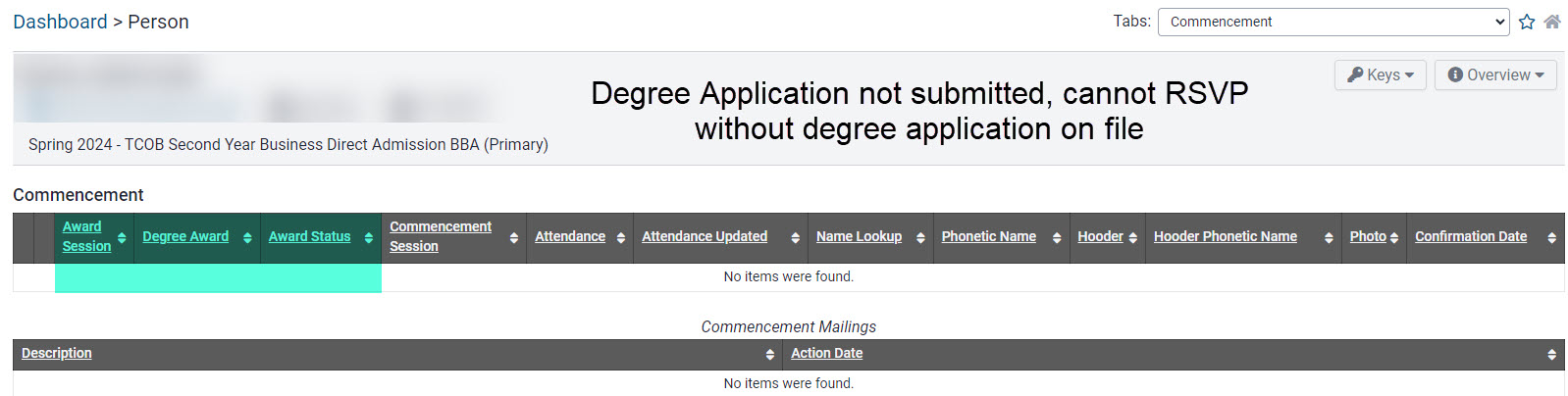 Commencement panel showing no degree application on file. 