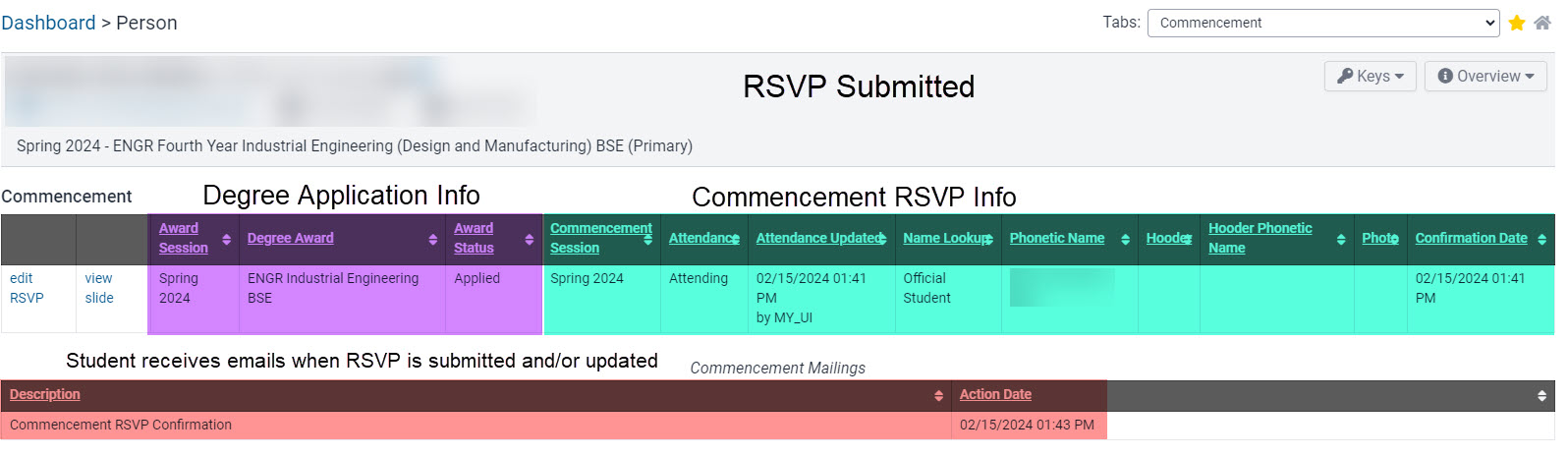 Commencement panel showing degree application, RSVP confirmation info and commencement mailing timestamp.