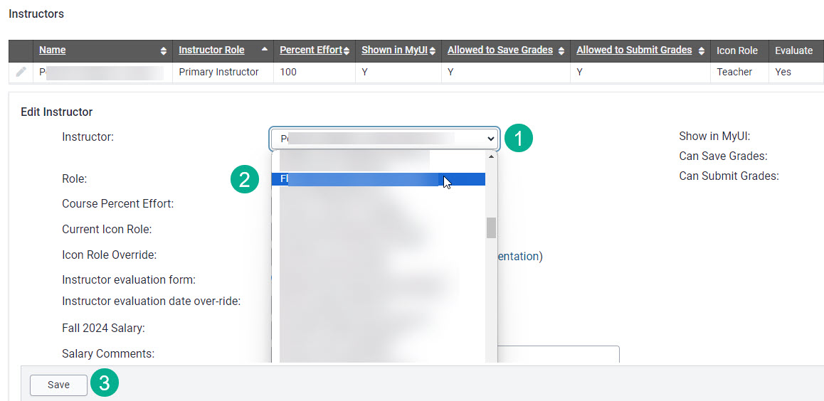 Click the instructor drop down, choose new instructor and save