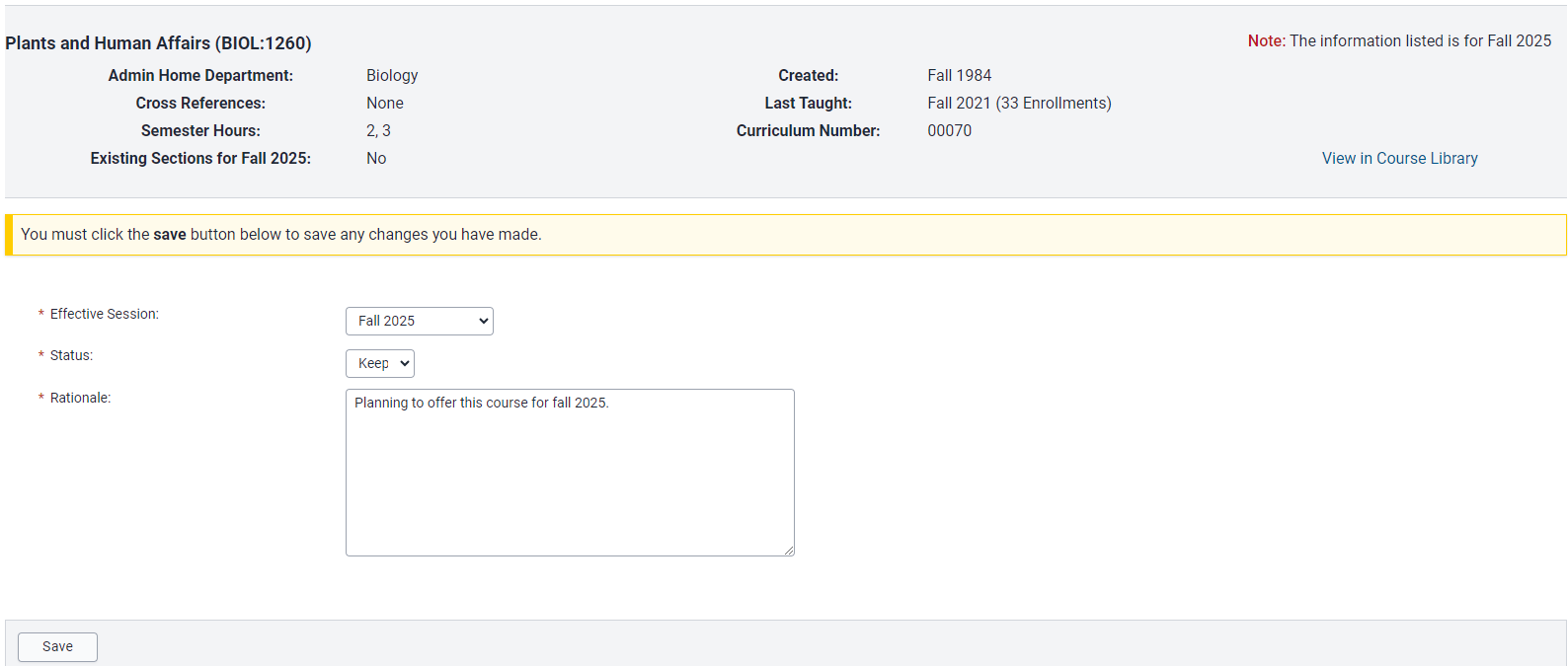 Inactive review workflow form with fall 2025, keep status and rationale.