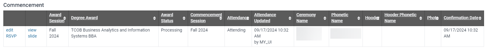 MAUI commencement panel where RSVP can be updated. 