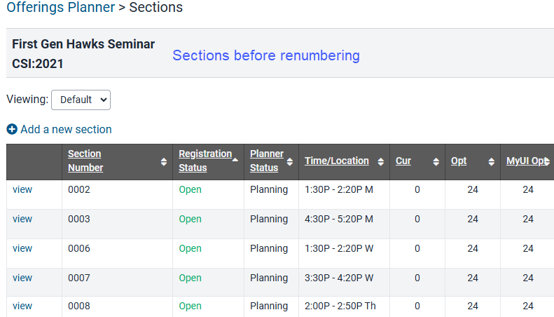 List of all sections of a course with gaps in section number chronology