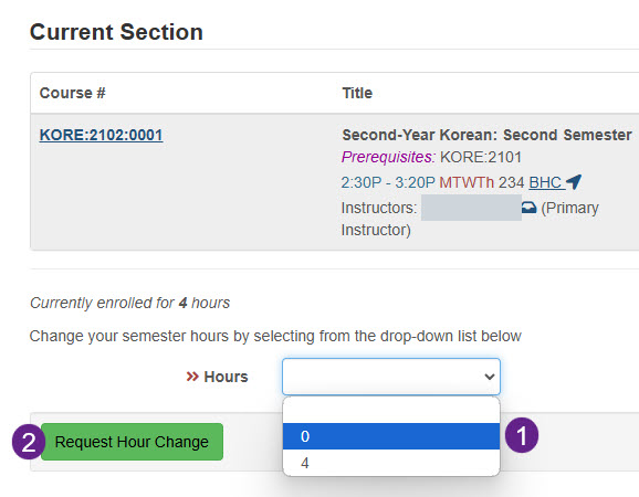 Student selects 0 credit hours and clicks Request Hour Change button.