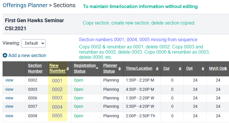 Mock up of how the copied sections will be adjusted to create chronologic section numbers. 