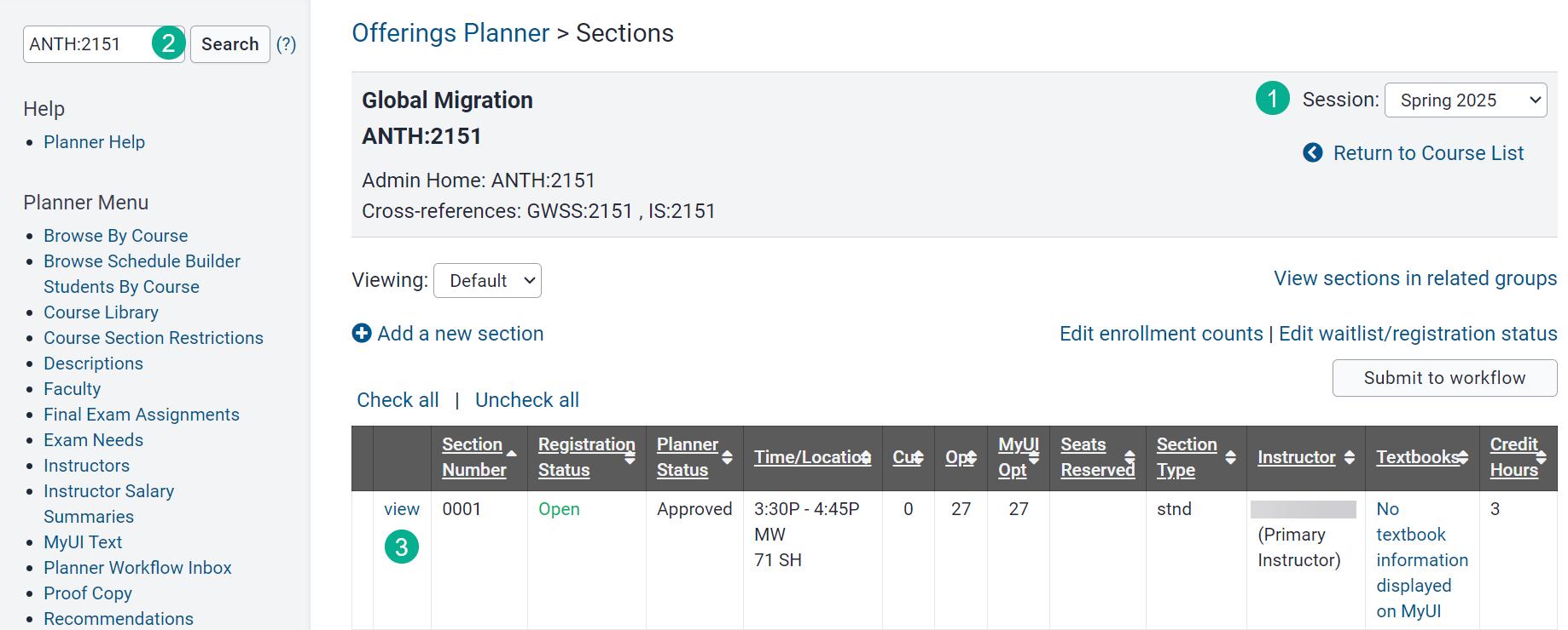 Select session which houses the section you wish to copy, search for the course and view the section.