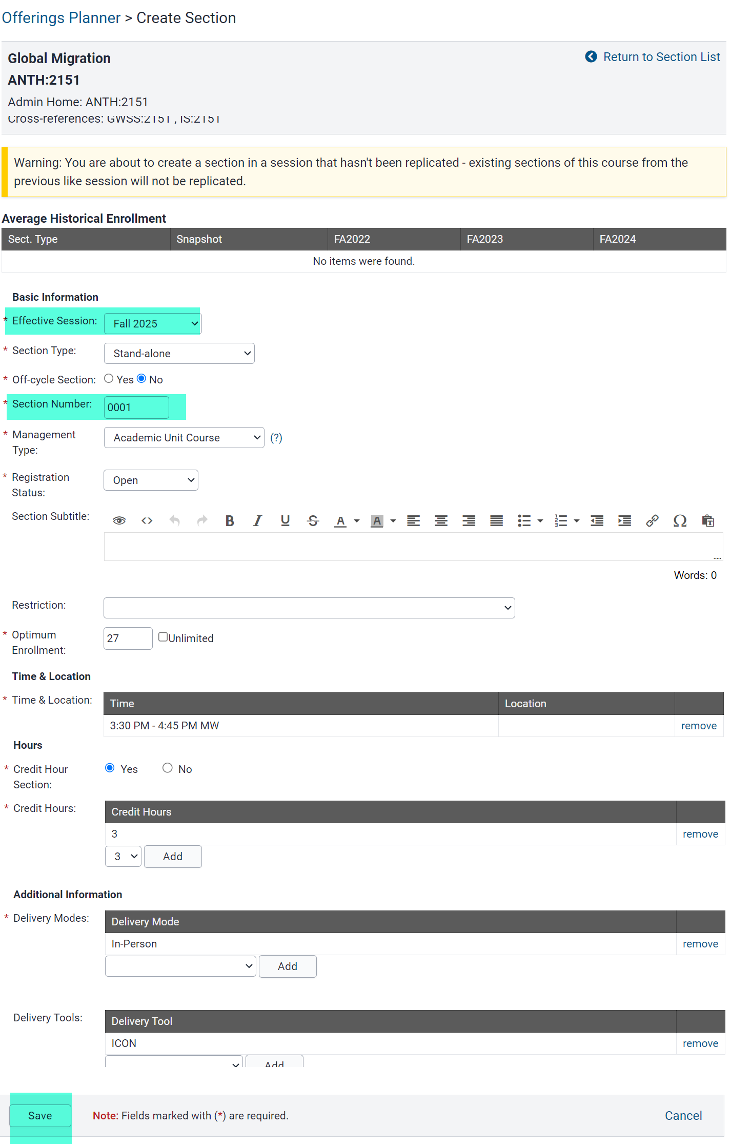 Update Session, add section #, Save.